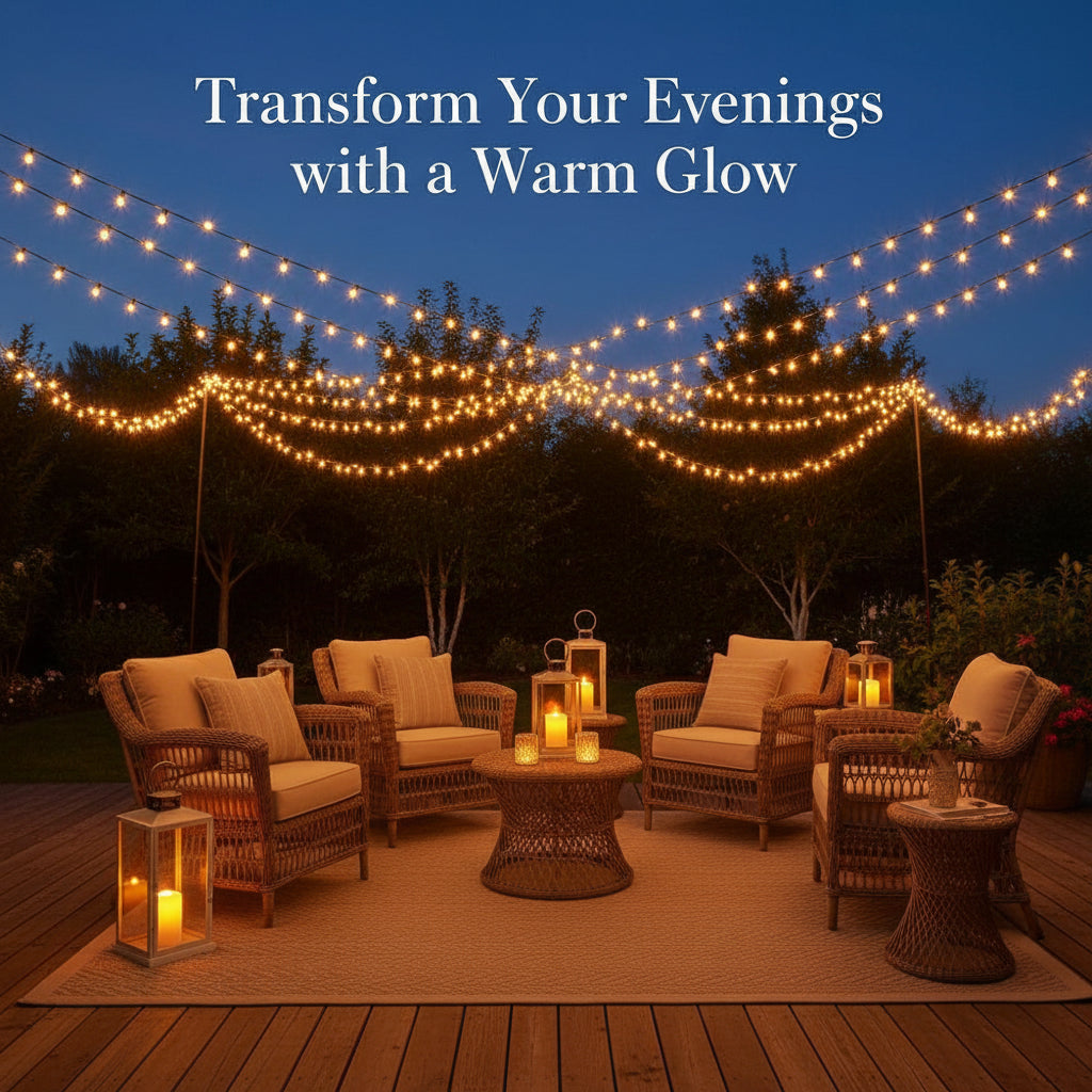 Solar-powered LED string lights with solar panel and cable, featuring R&GSA certification.