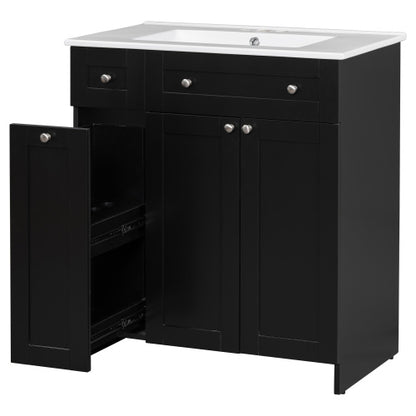 30-Inch Black Bathroom Vanity with Ceramic Sink – Sleek & Spacious Storage Solution
