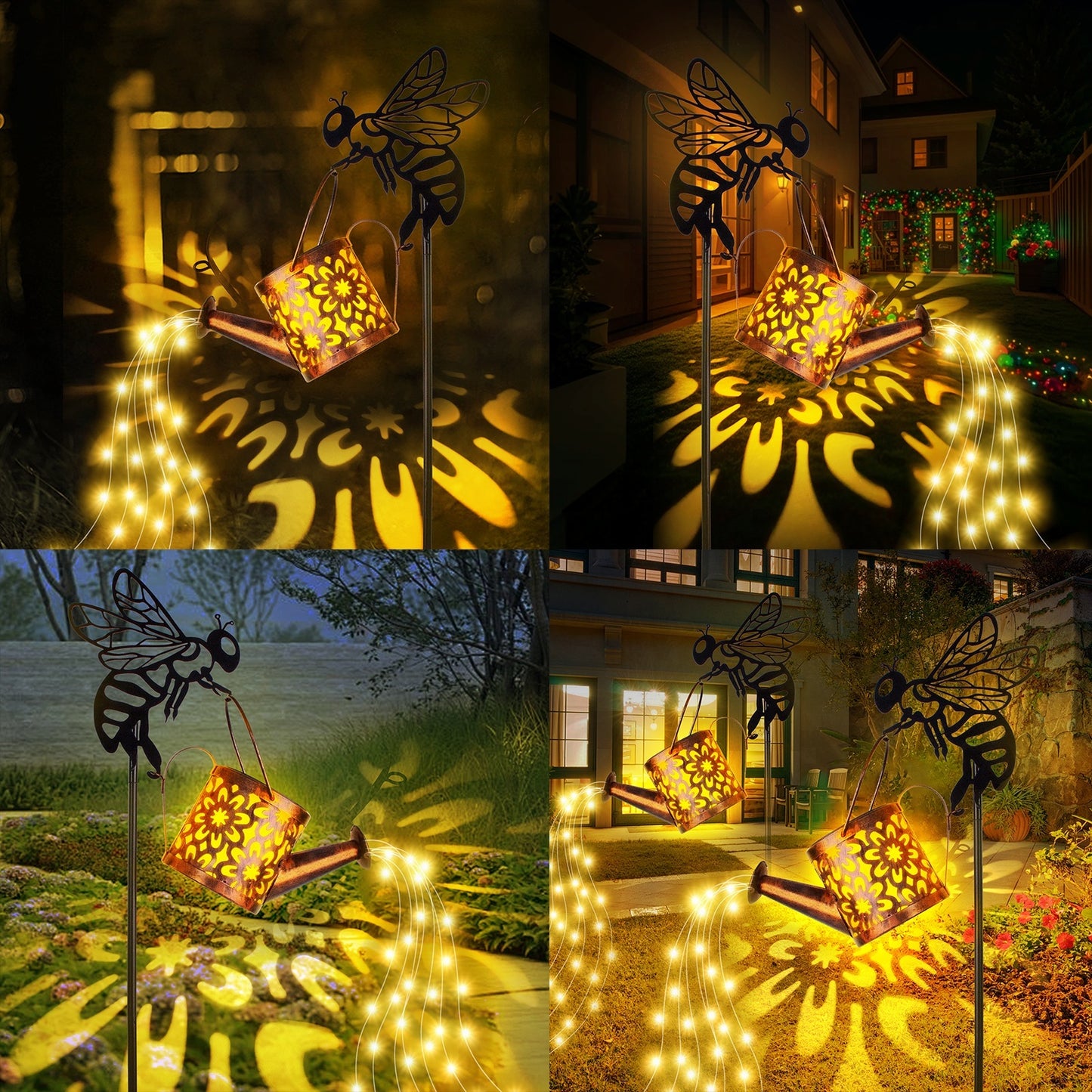 Solar light fixture with bee design casting decorative shadows in various outdoor settings.