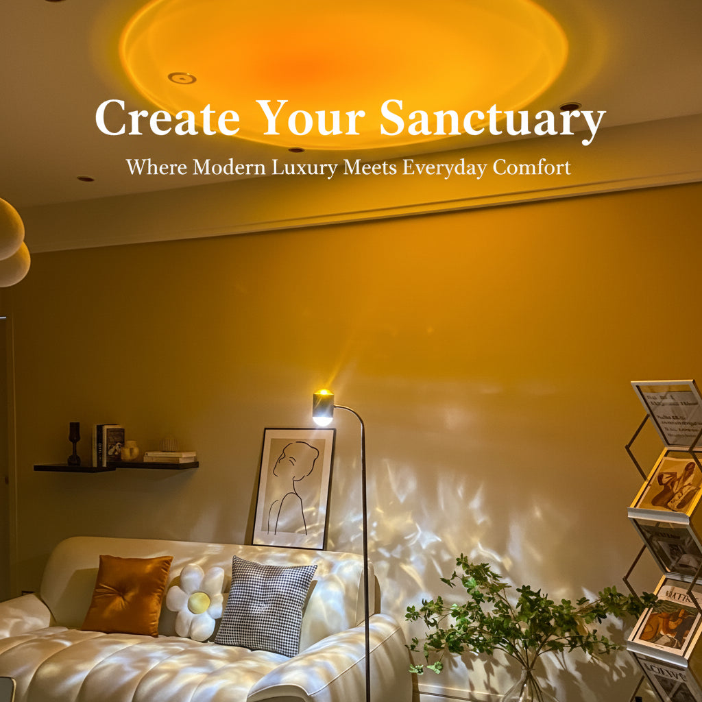 Living room with yellow wall, white sofa, and decorative items.