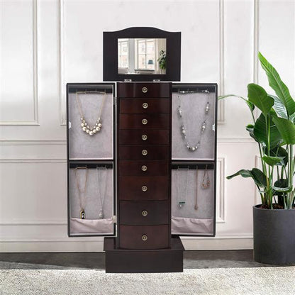 A wooden floor-standing jewelry mirror cabinet with double doors open, showing multiple storage compartments and a full-length mirror.