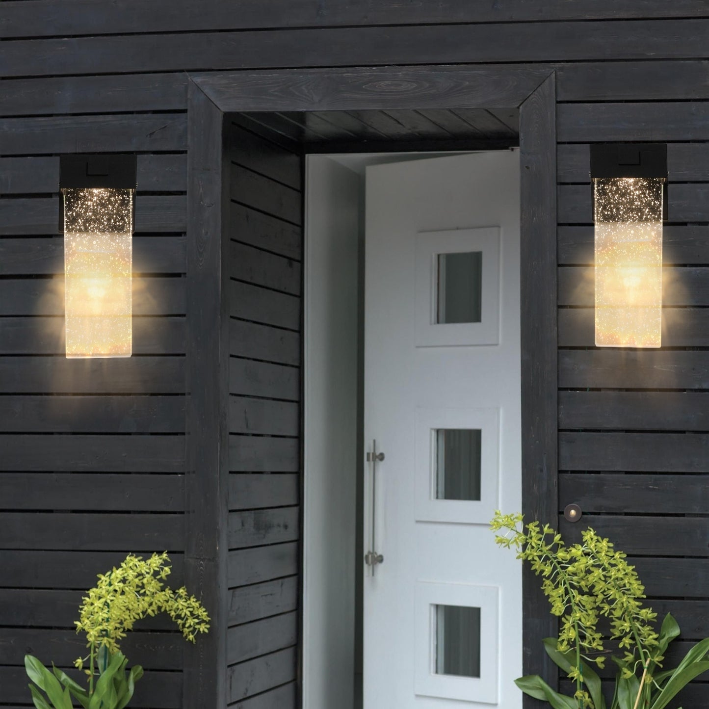 Modern outdoor setting with a white door flanked by two wall-mounted lights on a dark wooden wall.