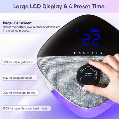 A rechargeable UV lamp for nails with a stylish black and silver design, featuring digital display and adorned with crystals around the edge 6