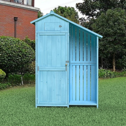 Outdoor Wooden Storage Shed – 46.45'' x 21.25'' x 70'' Garden Tool Cabinet with Waterproof Asphalt Roof, Multi-Tier Shelves – Blue