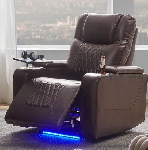 Power Motion Recliner with USB Charging Port, Hidden Arm Storage, and 360° Swivel Tray Table – Brown