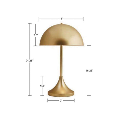 A dome-shaped 2-light metal table lamp with a sleek, curved shade, placed on a white table in a room with a minimalist decor 2