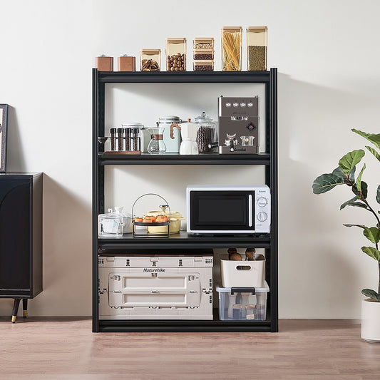 A 4-tier black storage shelf in a garage setting, with various items placed on it, such as a microwave, storage boxes, and decorative items.
