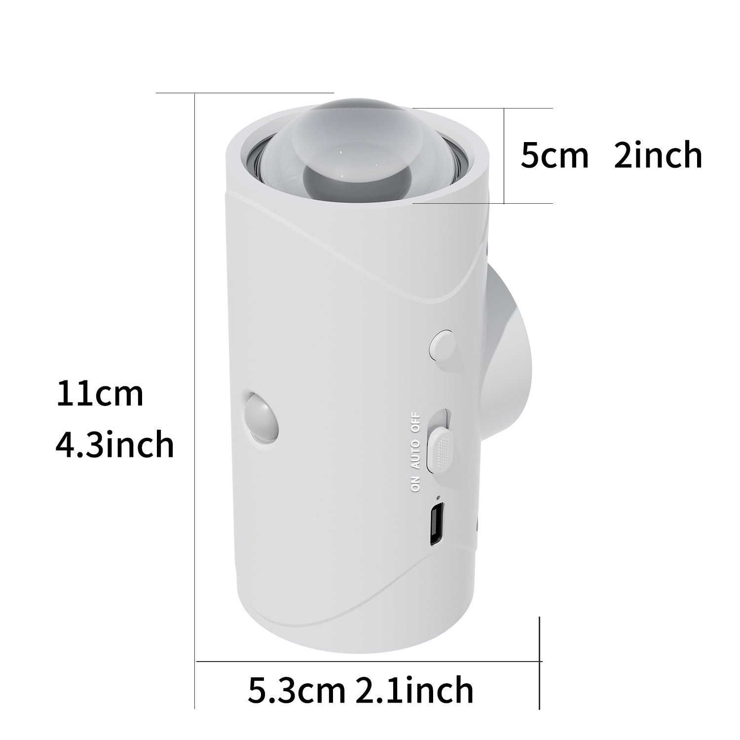 White electronic device with dimensions labeled on a white background