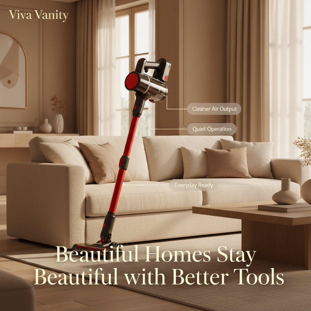 Red and black cordless vacuum cleaner with multiple attachments on a white background