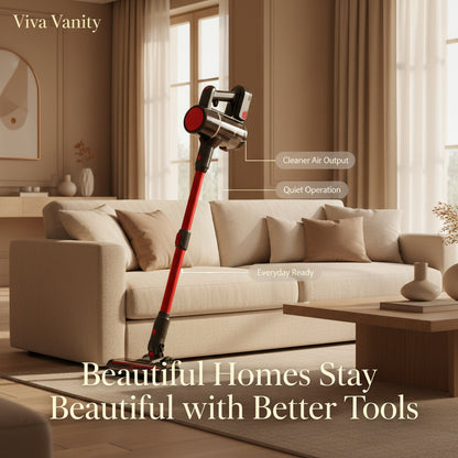 Red and black cordless vacuum cleaner with multiple attachments on a white background