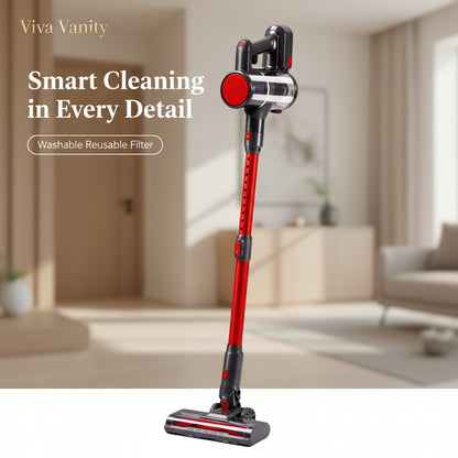 Red and black cordless vacuum cleaner with multiple attachments on a white background