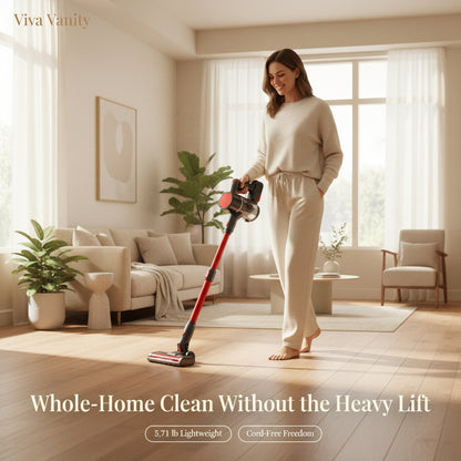 Red and black cordless vacuum cleaner with multiple attachments on a white background