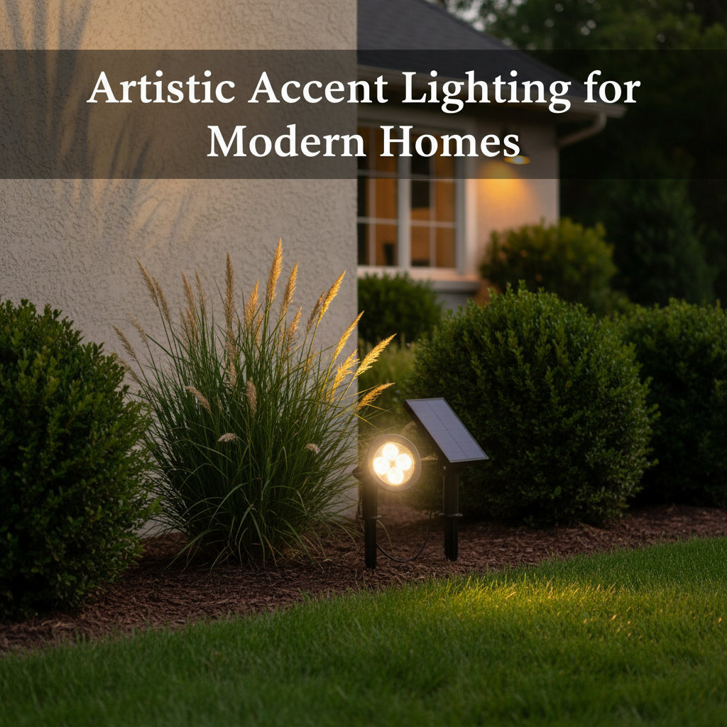 Solar-powered outdoor light fixture with solar panel on grass, featuring various certification logos and product features.