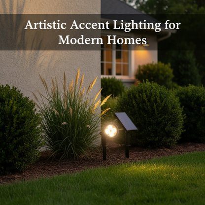 Solar-powered outdoor light fixture with solar panel on grass, featuring various certification logos and product features.