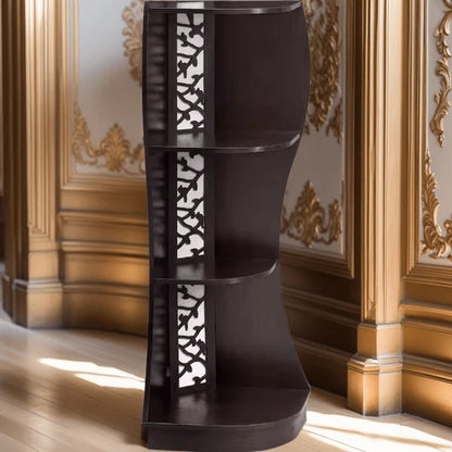 A vintage style curved wooden display shelf with multiple layers, positioned against a wall with decorative moldings.