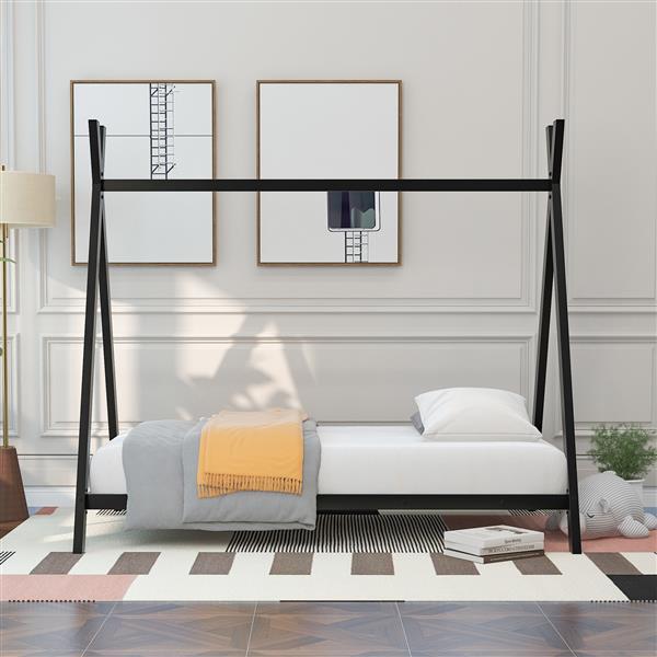 Black Metal Double-Size Floor House Bed with Slats | Viva