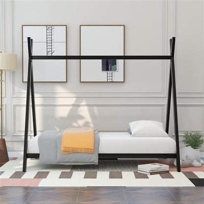 Black Metal Double-Size Floor House Bed with Slats | Viva