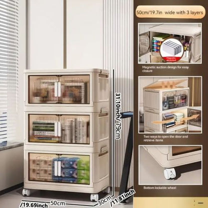 3-Tier Folding Storage Cabinet with Magnetic Door & Wheels | Viva