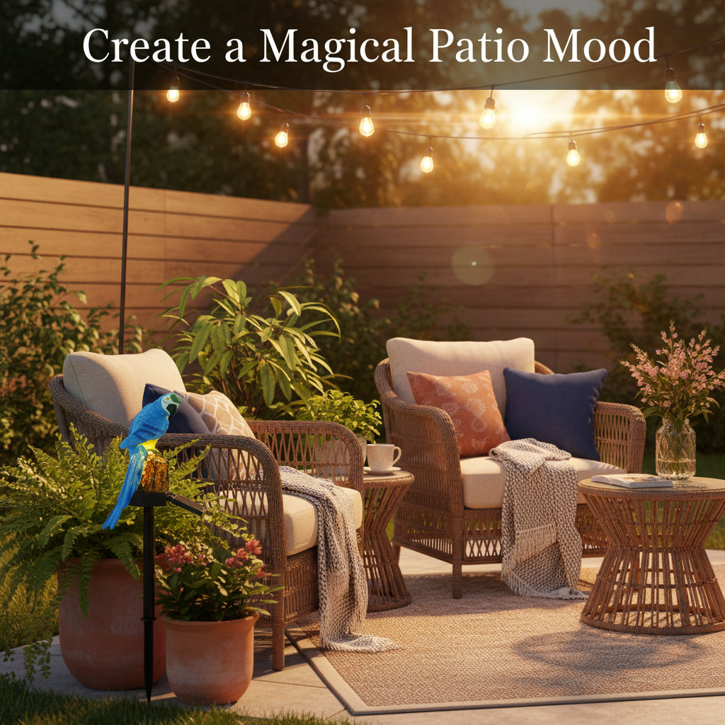 Two solar-powered parrot figurines on stands against a white background