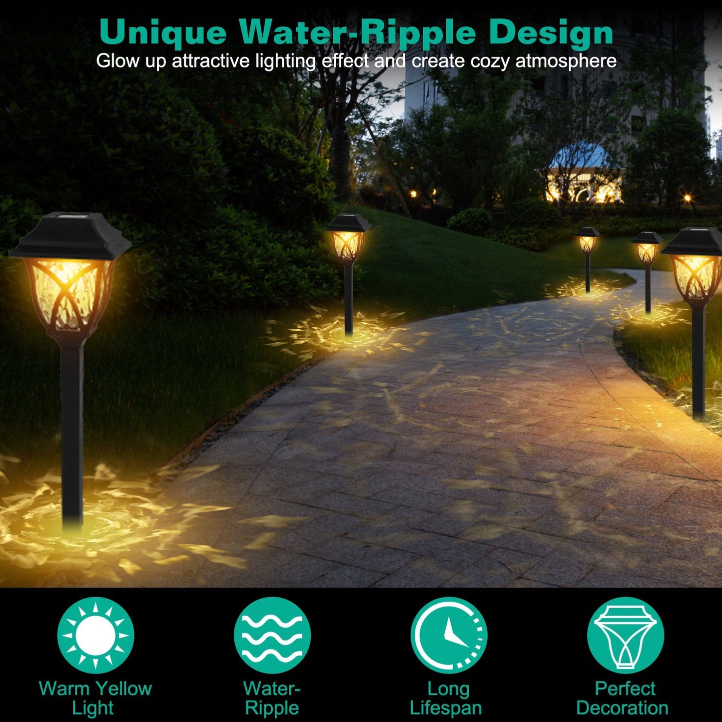 Outdoor pathway with solar lights creating a water-ripple design and warm yellow light.