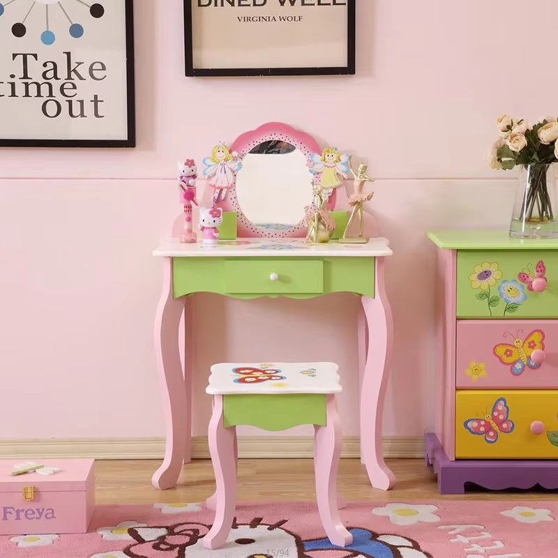 Princess Kids Vanity Table – Elegant Wooden Makeup Table with Mirror & Stool for Little Stars