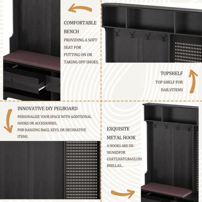 Black Hall Tree with Bench, Storage & Pegboard | Viva
