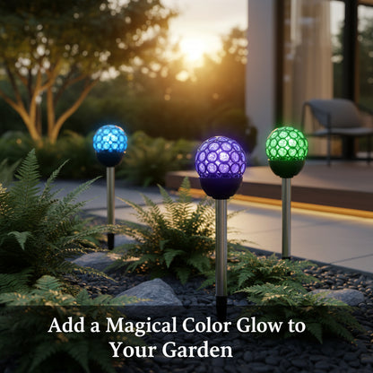 Solar light with crystal ball design, RGB mode options, and waterproof IP44 rating on a white background.