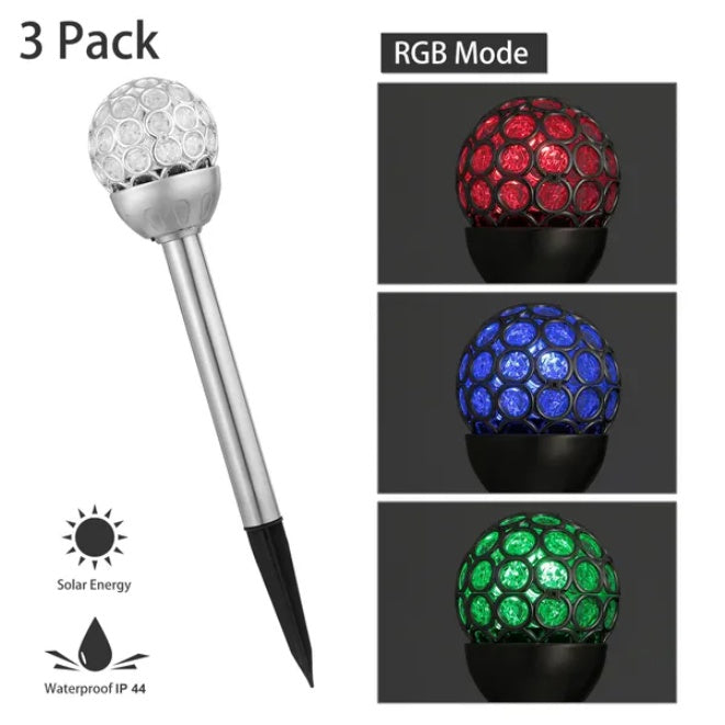 Solar light with crystal ball design, RGB mode options, and waterproof IP44 rating on a white background.
