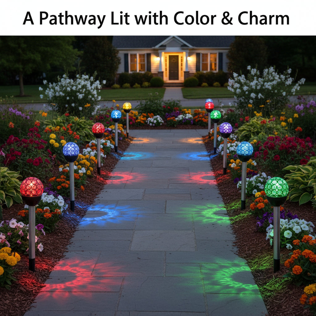 Glowing garden lights on a pathway with colorful projections, surrounded by flowers and plants.