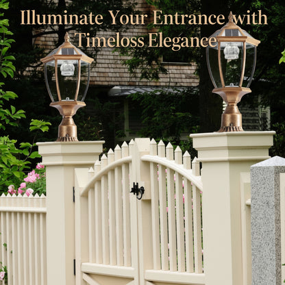 Vintage Gold Solar Pillar Headlights with Dimmable LEDs (2-Pack) – Elegant Outdoor Illumination
