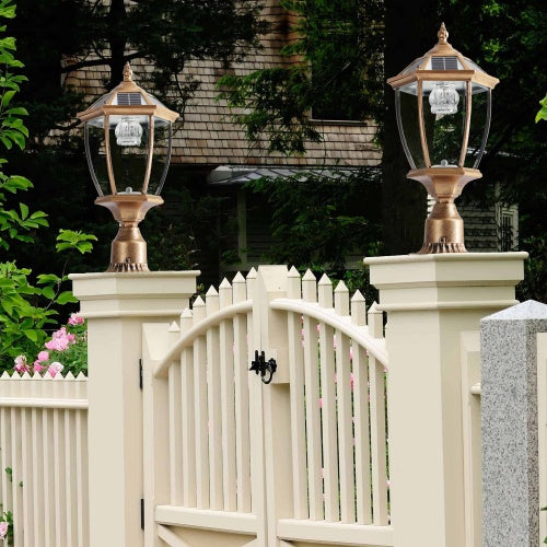 Vintage Gold Solar Pillar Headlights with Dimmable LEDs (2-Pack) – Elegant Outdoor Illumination
