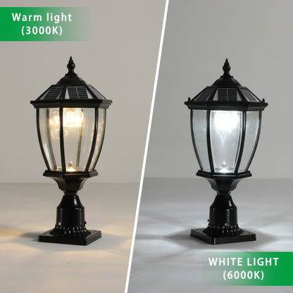 Two outdoor solar lamps showing warm light (3000K) and white light (6000K) on a neutral background.