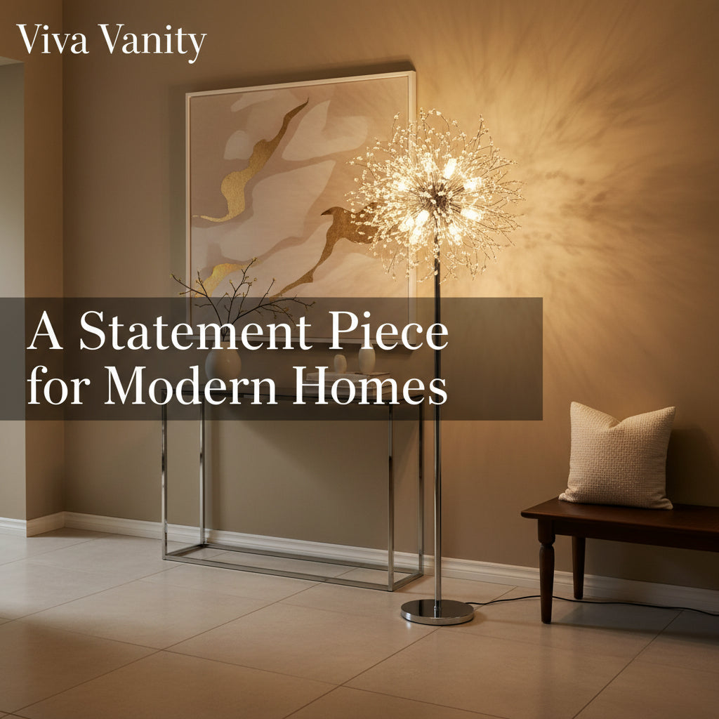 Decorative floor lamp with a modern design next to a white sofa in a room.