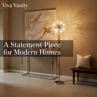 Decorative floor lamp with a modern design next to a white sofa in a room.