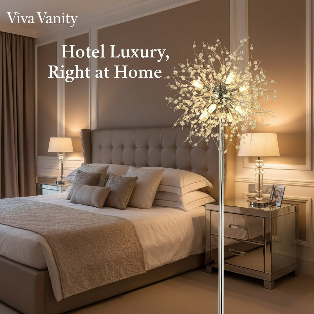 Decorative floor lamp with a modern design next to a white sofa in a room.