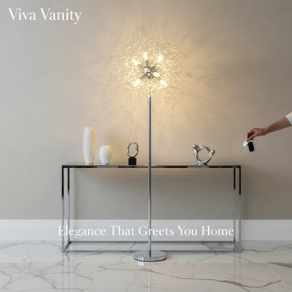 Modern floor lamp with decorative design in a home setting, featuring 'Viva Vanity' branding.