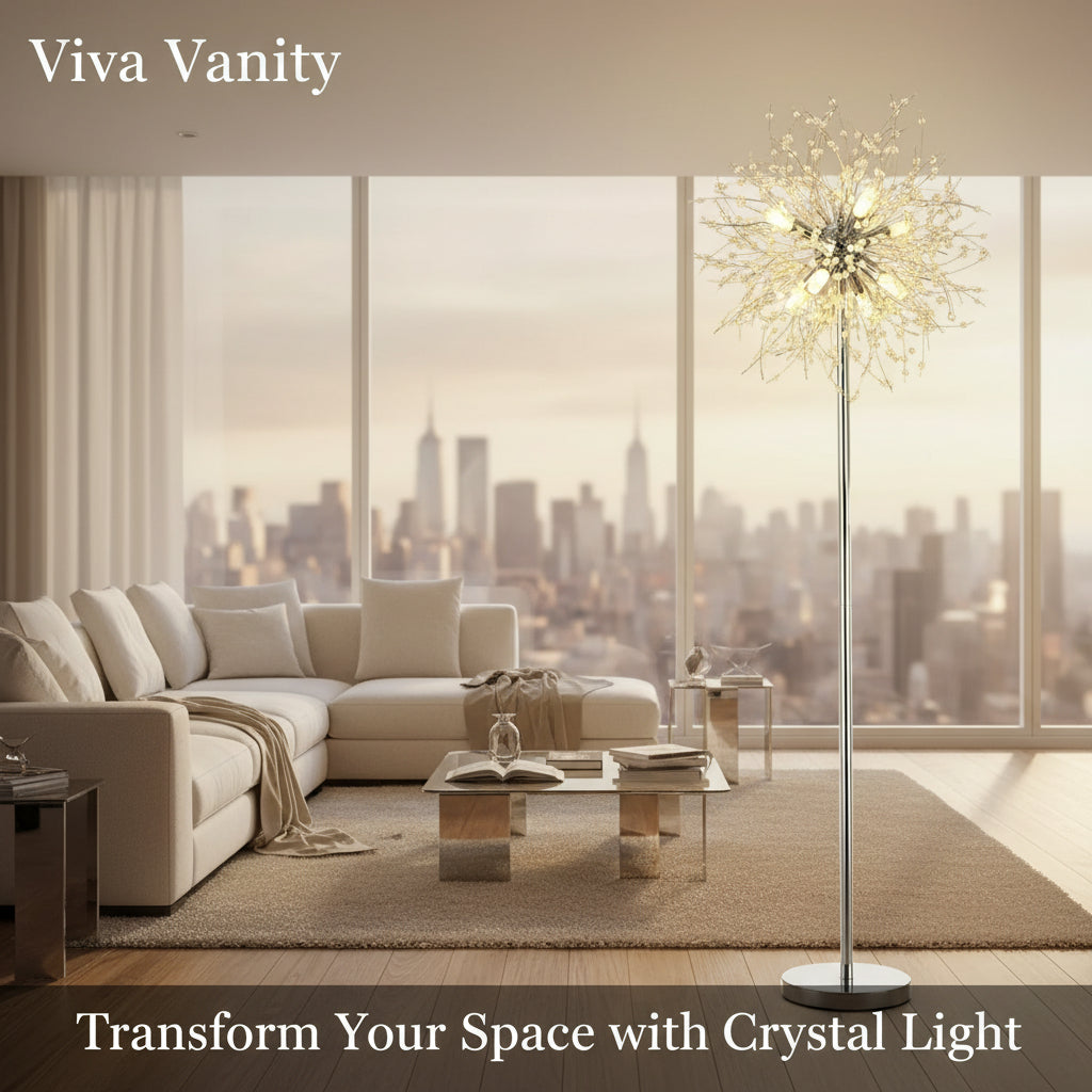 Decorative floor lamp with a modern design next to a white sofa in a room.