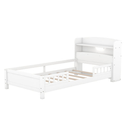 Wood Twin Size Platform Bed With Built-in LED Light, Storage Headboard And Guardrail, White