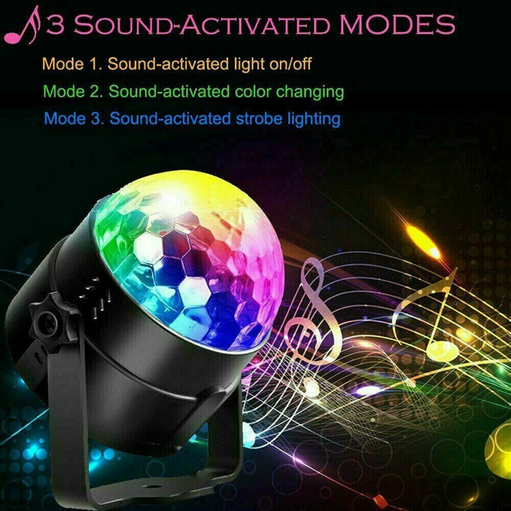 Sound-activated light effect device with colorful light display on a dark background with musical notes.