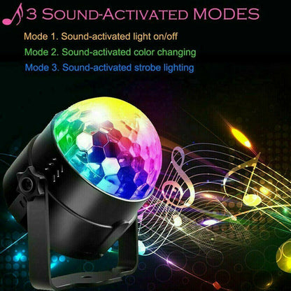 Sound-activated light effect device with colorful light display on a dark background with musical notes.