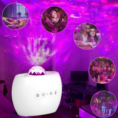 White lamp projecting purple light patterns on a wall with various images displayed.