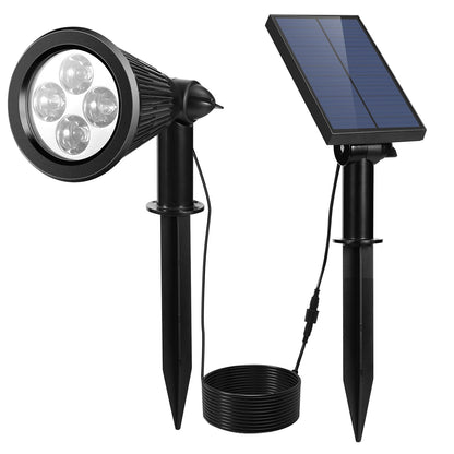 Solar-powered outdoor lights with solar panel and LED lights on a white background