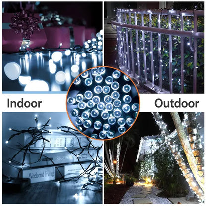Collage of indoor and outdoor string lights with close-up of LED bulbs.