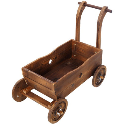 Wooden Wagon Planter Box – Mobile Garden Planter with 4 Wheels & Handle | Rustic Outdoor & Indoor Decorative Flower Cart