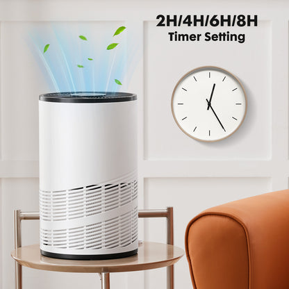 Air purifier on a table with a clock on the wall and a chair in the background