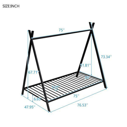 Black Metal Double-Size Floor House Bed with Slats | Viva
