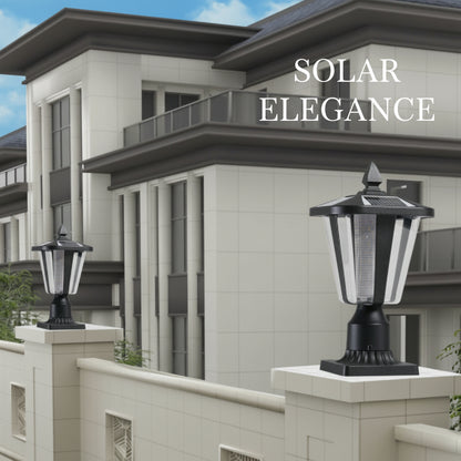 Solar-powered outdoor lamps on a building facade with a clear sky.