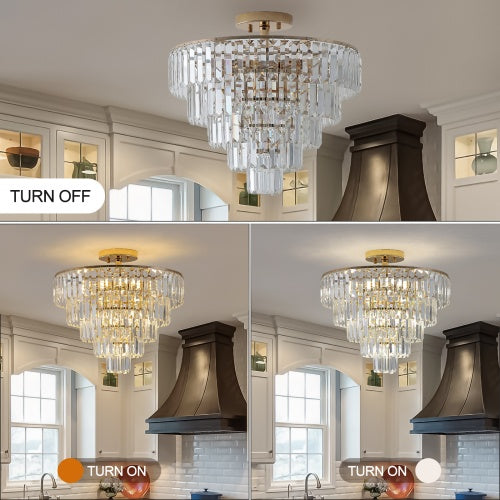Golden Crystal Chandelier - 5-Layer Round Semi-Recessed Luxury Chandelier