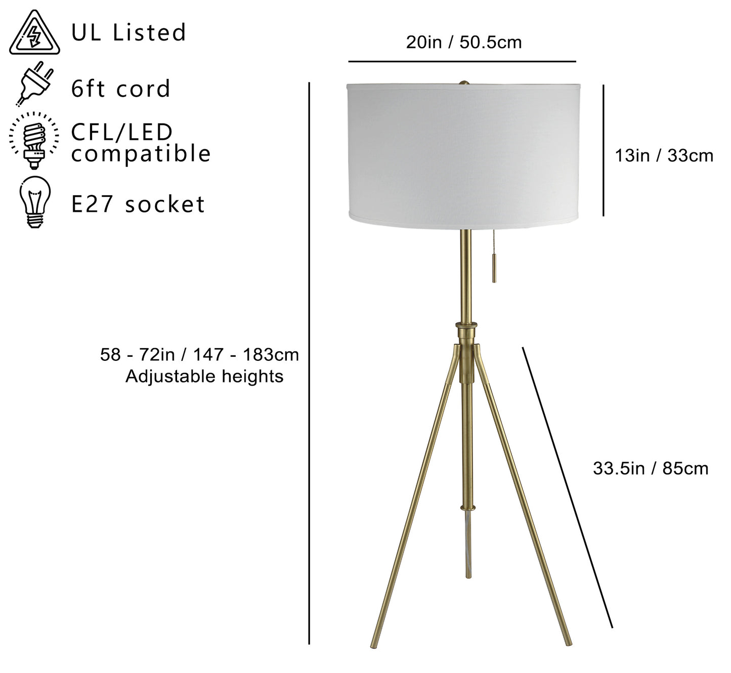 Floor lamp with specifications including UL listing, cord length, compatibility, and dimensions.