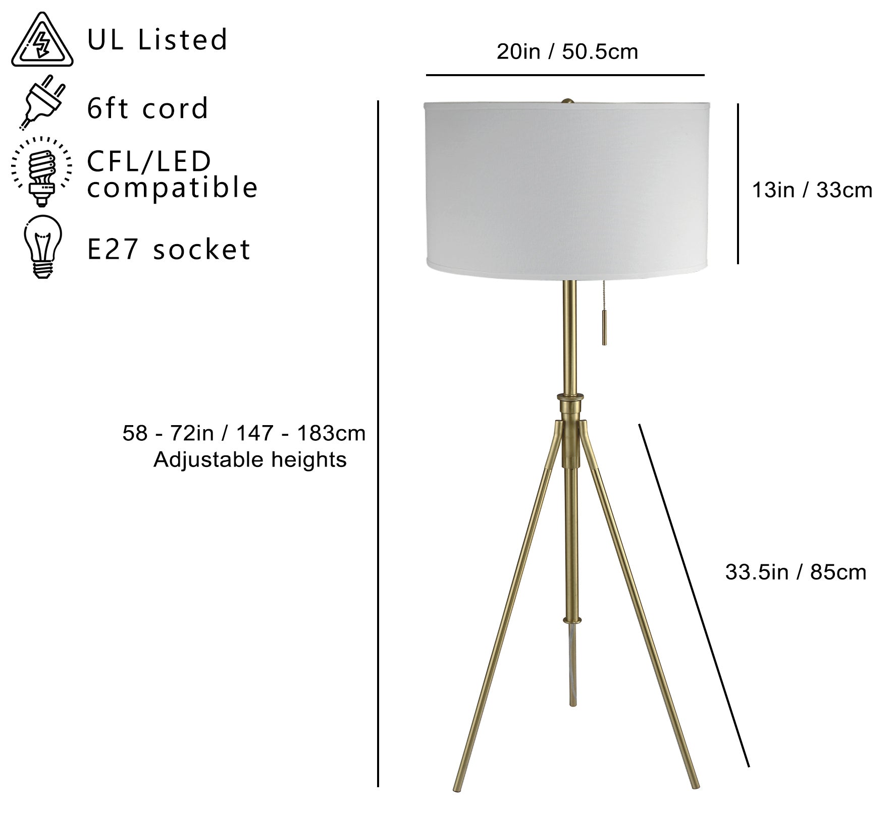 Floor lamp with specifications including UL listing, cord length, compatibility, and dimensions.